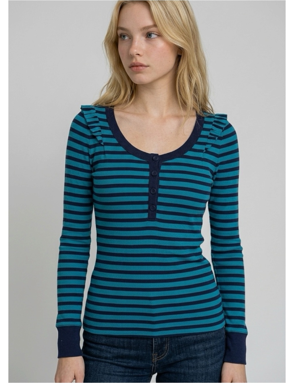 Y2K Juicy Couture Top Sz.M Striped Blue Ruffles Half Placket Nautical Fisherman